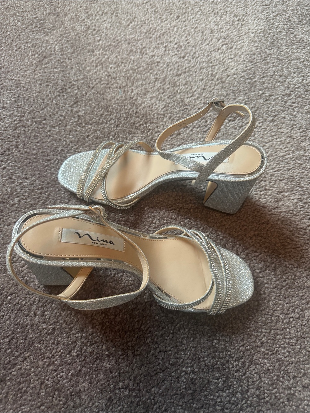Nina Silver Glitter Block Heel Sandals with Ankle Strap
